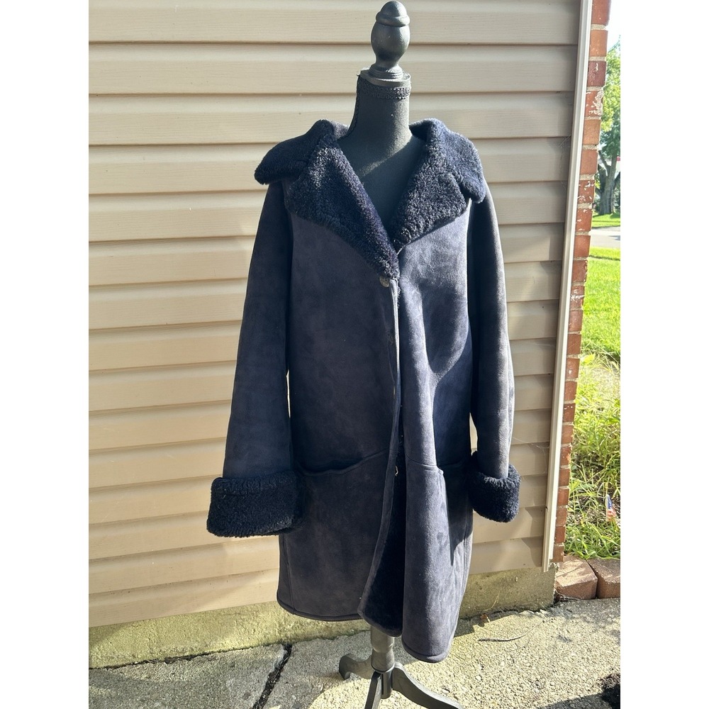 Jaeger Shearling Sheepskin Coat Medium Long Black Penny Lane Great Britain